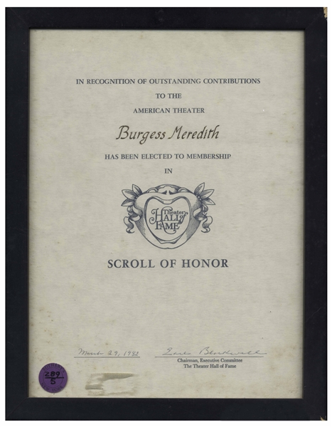Burgess Meredith Scroll of Honor for His Induction Into the Theater Hall of Fame