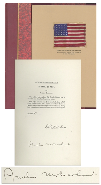 Amelia Earhart Signed Limited Edition of ''20 Hrs. 40 Mins.'' -- One of Only 150 Limited Edition Copies Signed by Earhart, With a U.S. Flag Carried Aboard Her 1928 Transatlantic Flight