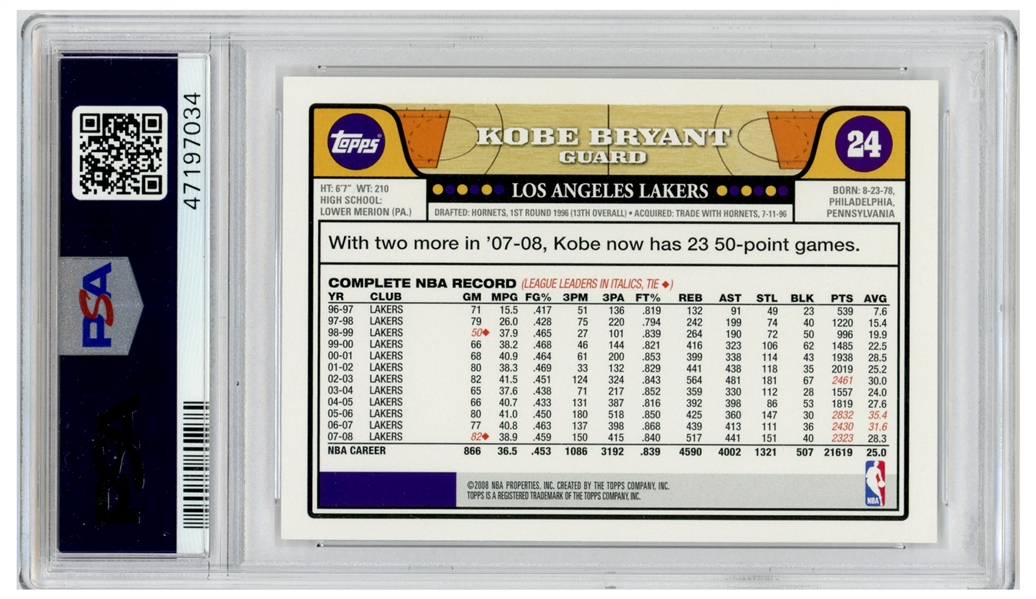 Kobe Bryant 2008 Topps #24 Pictured With LeBron James -- PSA Graded Gem Mint 10