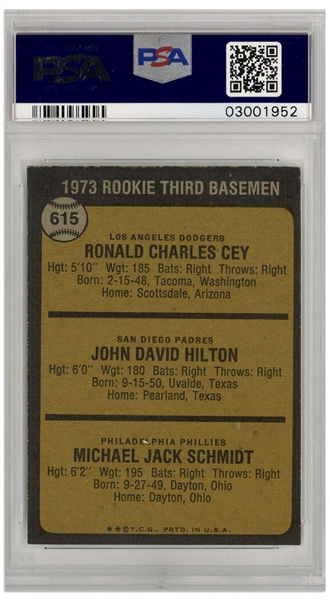 Mike Schmidt Phillies 3rd Basemen 1973 Topps Rookie Card #615 -- Graded PSA Mint 9
