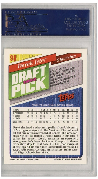 Derek Jeter 1993 Topps Rookie Card #98 -- PSA Graded Gem Mint 10