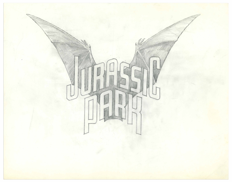 Original ''Jurassic Park'' Logo Sketch Created in Development for the 1993 Film -- Drawing Shows a Fearsome Pterodactyl Behind the Words ''Jurassic Park''