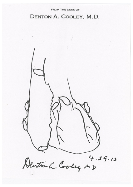 Dr. Denton Cooley Signed Sketch of a Human Heart -- Dr. Cooley Conducted the First Artificial Heart Implantation Surgery