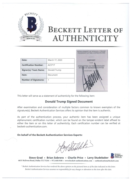 Donald Trump Souvenir Impeachment Report Signed as President -- With Beckett COA