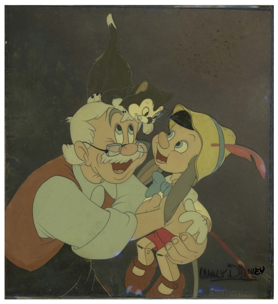 Original ''Pinocchio'' Disney Cel From 1939 -- Large Cel of Pinocchio, Geppetto and Figaro Measures 9'' x 9.75''