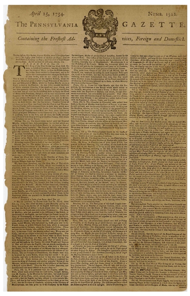 ''The Pennsylvania Gazette'' Newspaper Printed by Benjamin Franklin From 1754 -- Full 6pp. Issue With Numerous Slave Advertisements