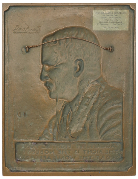 Theodore Roosevelt Bronze Plaque by Sculptor James Earle Fraser -- Original Bas-Relief Sculpture From 1920