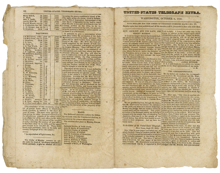 1832 Edition of the ''United States Telegraph Extra'', the Short-Lived Jacksonian Newspaper by Publisher Duff Green