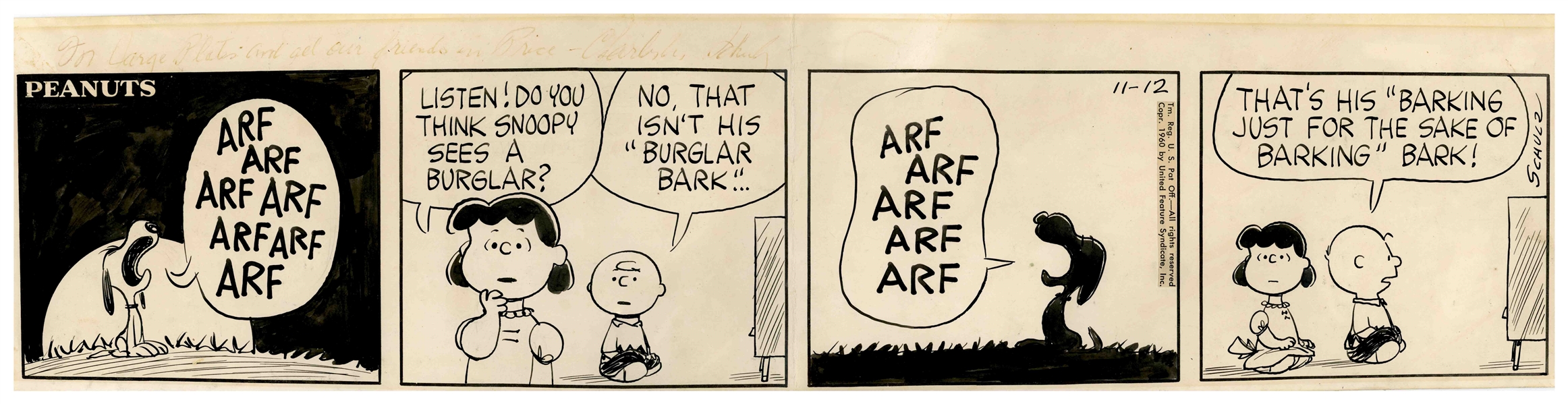 Charles Schulz Hand-Drawn ''Peanuts'' Comic Strip From 1960 -- Charlie Brown & Lucy Try to Interpret Snoopy's Barking