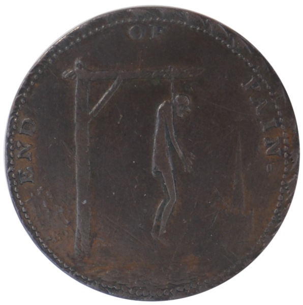 18th Century British ''Condor'' Halfpenny Token Showing Thomas Paine as the ''Hanging Man'' on Obverse and a Warning of Jacobins on Reverse