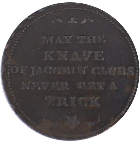 18th Century British ''Condor'' Halfpenny Token Showing Thomas Paine as the ''Hanging Man'' on Obverse and a Warning of Jacobins on Reverse