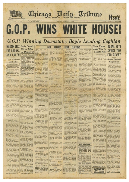 ''G.O.P. Wins White House!'' Newspaper -- The Second Erroneous Newspaper Published by the Chicago Daily Tribune After Their ''Dewey Defeats Truman'' Mishap Earlier in the Day