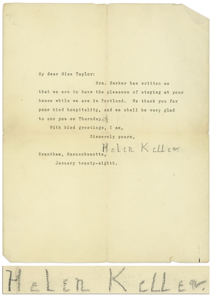 Helen Keller Letter Signed Regarding Her Visit to The Baxter School for the Deaf