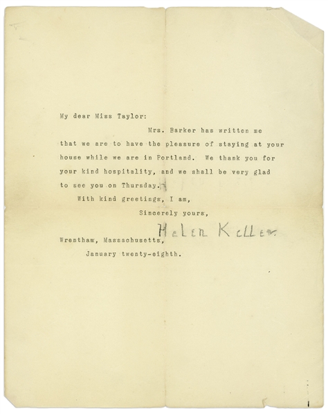Helen Keller Letter Signed Regarding Her Visit to The Baxter School for the Deaf