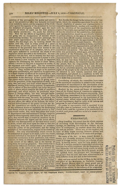 Newspaper From July 1826 Reporting on the Death of Thomas Jefferson