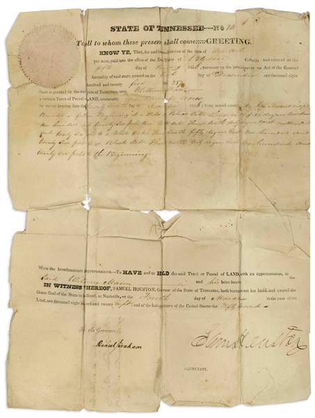 Sam Houston Land Grant Signed as Governor of Tennessee