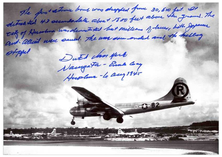 Dutch Van Kirk Autograph Statement Signed on a 10'' x 8'' Photo of the Enola Gay, Regarding Dropping the Atomic Bomb -- ''...The war soon ended and the killing stopped...''