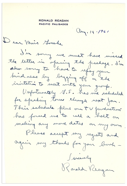 Ronald Reagan Autograph Letter Signed From 1961 -- ''...G.E. has me scheduled for speaking tours through next Jan...''