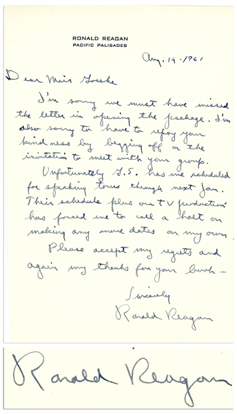 Ronald Reagan Autograph Letter Signed From 1961 -- ''...G.E. has me scheduled for speaking tours through next Jan...''
