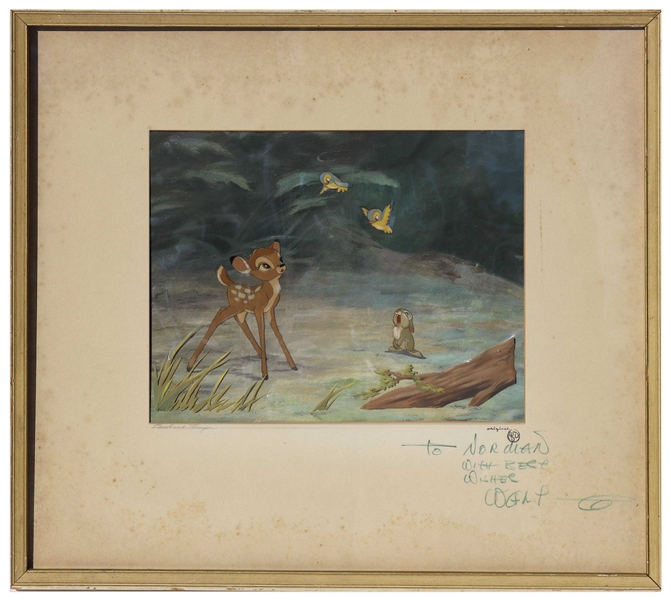 Walt Disney Signed ''Bambi'' Cel on Original Production Background, Personally Inscribed to Norman Rockwell