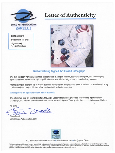 Neil Armstrong Signed 8'' x 10'' NASA White Spacesuit Photo -- Uninscribed & With Zarelli COA -- Near Fine Condition