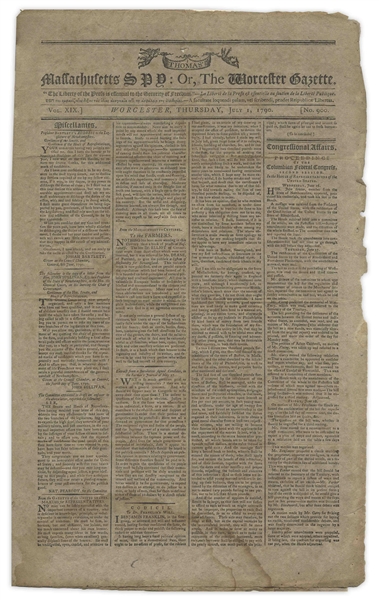 Important Newspaper in the History of Judaica in America -- The 1 July 1790 Issue of the ''Massachusetts Spy'' Where President George Washington Addresses the Jewish Community of Savannah, Georgia