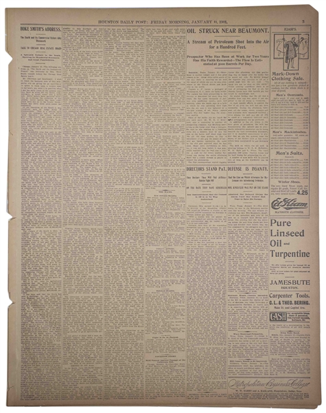 ''Houston Daily Post'' From 11 January 1901 Announcing the Birth of the Texas Oil Industry -- Newspaper Is First Reporting of Spindletop That Exploded a Day Earlier