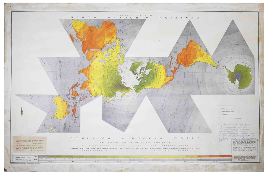 Futurist R. Buckminster Fuller Signed Dymaxion World Map -- Inscribed, ''...In fundamental gratitude to the great integrity of [the] universe...''