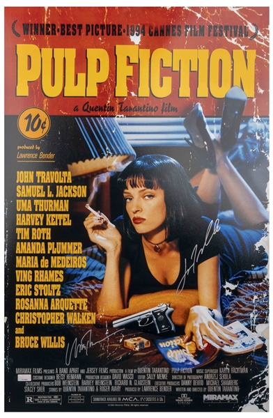John Travolta and Uma Thurman Signed 16'' x 24'' Photo of the ''Pulp Fiction'' Movie Poster