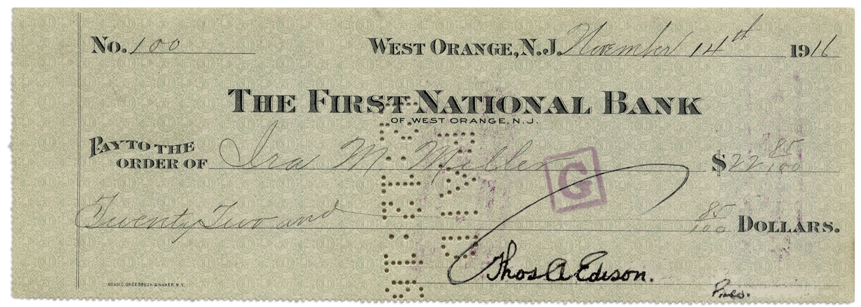 Thomas Edison Check Signed From 1916 -- Paid to Edison's Brother-in-Law, the Sales Agent for Edison's Electric Car Company