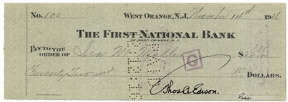 Thomas Edison Check Signed From 1916 -- Paid to Edisons Brother-in-Law, the Sales Agent for Edisons Electric Car Company