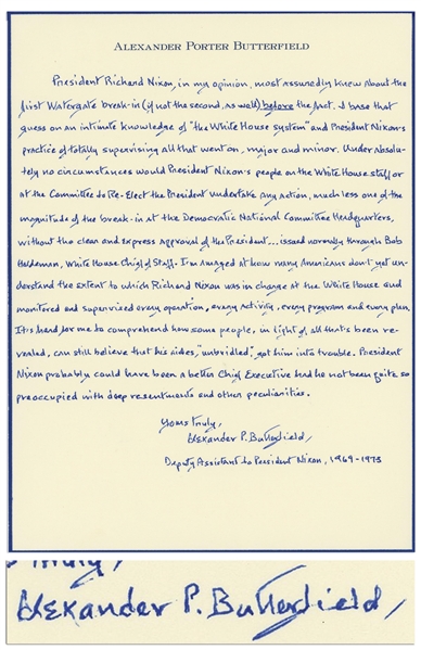 Alexander Butterfield Autograph Manuscript Signed Regarding Watergate and President Nixon's Involvement -- ''...Nixon, in my opinion, most assuredly knew about the first Watergate break-in...''