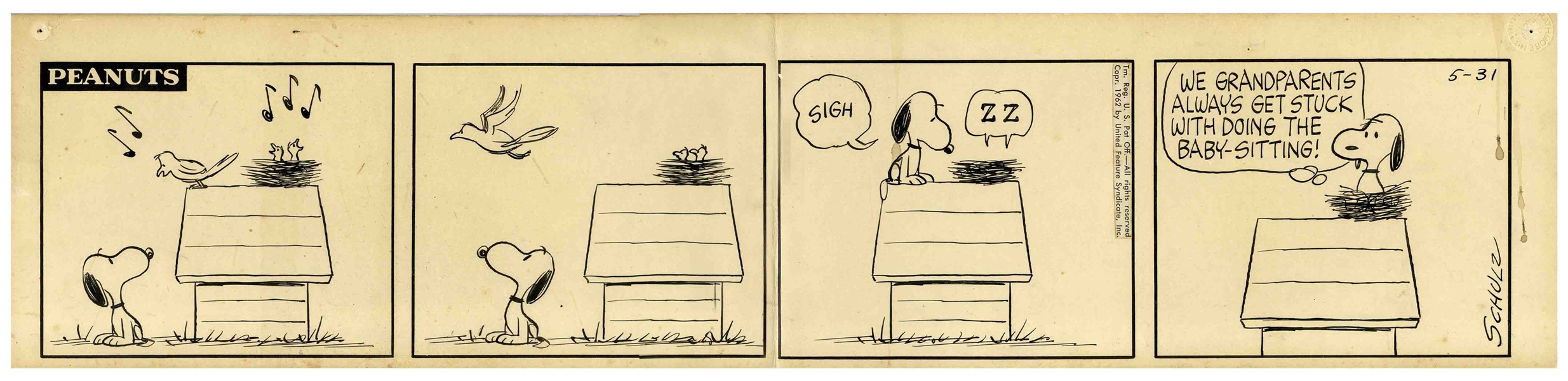 Charles Schulz Hand-Drawn ''Peanuts'' Comic Strip From 1962 -- Charming Snoopy Strip Pays Homage to Grandparents Everywhere