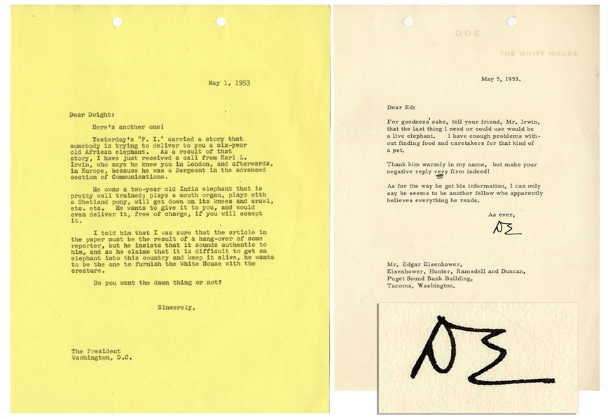 Dwight D. Eisenhower Letter Signed as President -- ...tell your friend, Mr. Irwin, that the last thing I need or could use would be a live elephant...make your negative reply very firm indeed!...