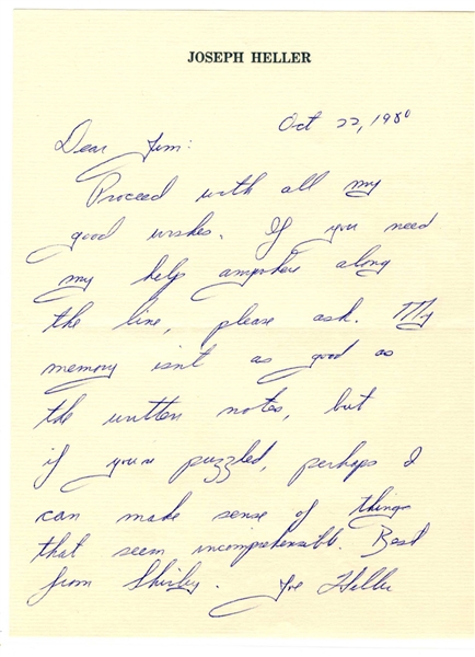 'Catch-22'' Author Joseph Heller Autograph Letter Signed -- ''...My memory isn't as good as the written notes, but if you're puzzled, perhaps I can make sense of things...''