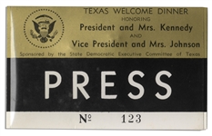 Press Badge for President Kennedys Texas Welcome Dinner, Slated for the Night He Was Assassinated