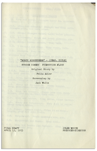 Moe Howard's Personally Owned Script for The Three Stooges 1954 Film ''Musty Musketeers''