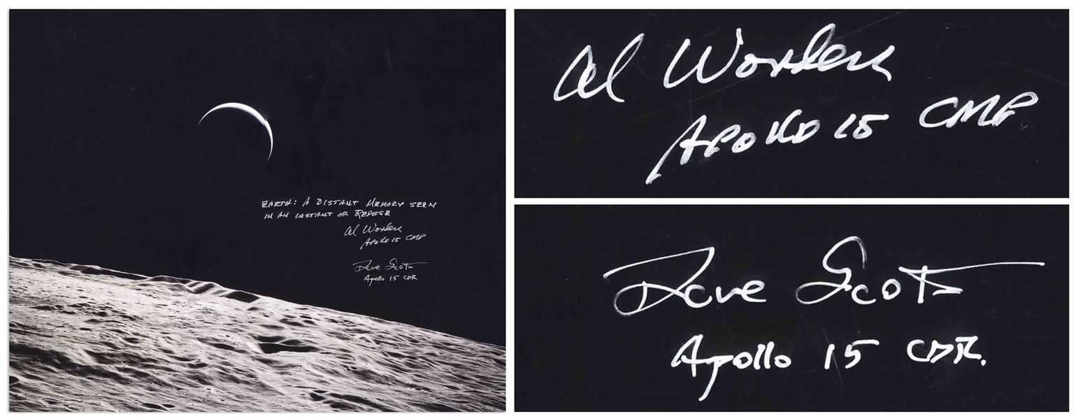 Al Worden & Dave Scott Signed 20'' x 16'' Photo of the Earth From a Lunar Vantage Point -- Worden Additionally Writes ''Earth: A distant memory seen in an instant of repose''