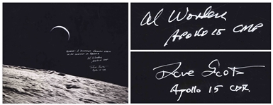 Al Worden & Dave Scott Signed 20 x 16 Photo of the Earth From a Lunar Vantage Point -- Worden Additionally Writes Earth: A distant memory seen in an instant of repose