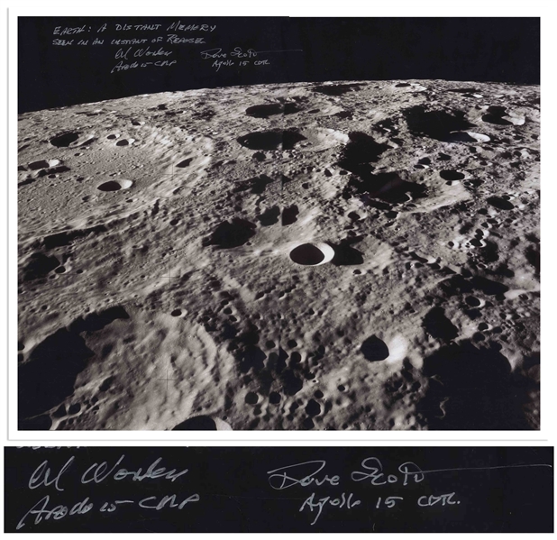 Al Worden & Dave Scott Signed 20'' x 16'' Photo of the Moon's Surface -- Worden Additionally Writes His Famous Quote About Seeing Earth From the Moon
