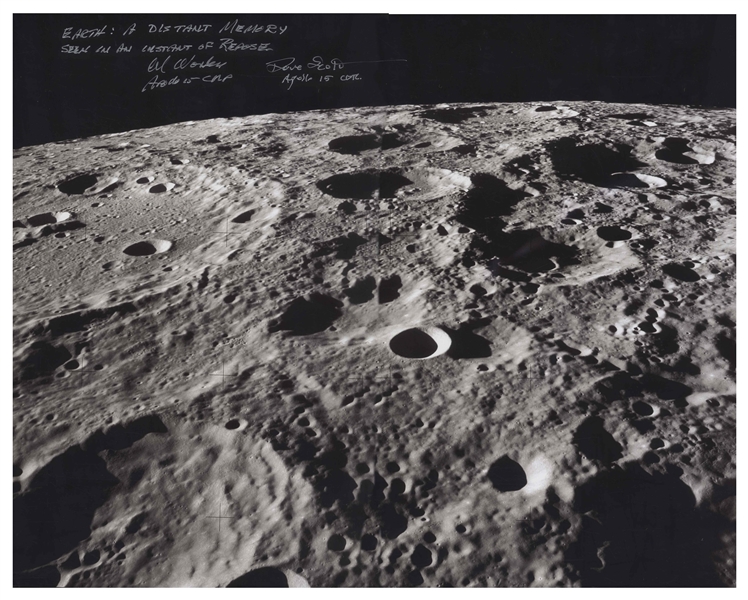 Al Worden & Dave Scott Signed 20'' x 16'' Photo of the Moon's Surface -- Worden Additionally Writes His Famous Quote About Seeing Earth From the Moon