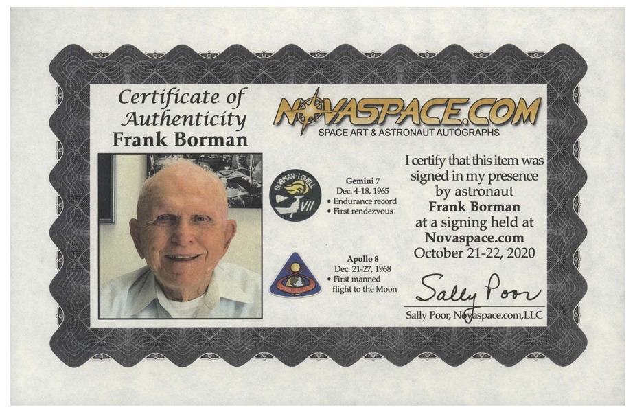 Frank Borman Signed 20'' x 16'' Photo, With a Handwritten Biblical Quote: ''...Let the waters under the Heavens be gathered together into one place. And let the dry land appear...''