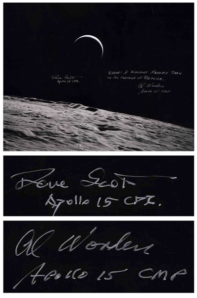 Al Worden & Dave Scott Signed 20'' x 16'' Photo of the Earth From a Lunar Vantage Point -- Worden Additionally Writes ''Earth: A distant memory seen in an instant of repose''