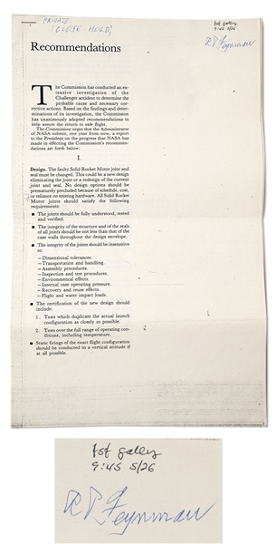 Richard Feynman Signed Recommendations of the Rogers Commission Report Investigating the Crash of the Space Shuttle Challenger