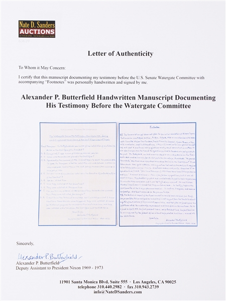 Alexander Butterfield Signed Handwritten Manuscript, Documenting His Testimony Before the Watergate Committee That Led to Nixon's Resignation -- ''...I was aware of listening devices, yes sir...''