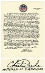 Charlie Duke Signed Handwritten Essay on Serving as Apollo 11 CAPCOM -- ...Neil quickly assumed control, safely missing the crater, but leaving the Eagle with only seconds of fuel left!...