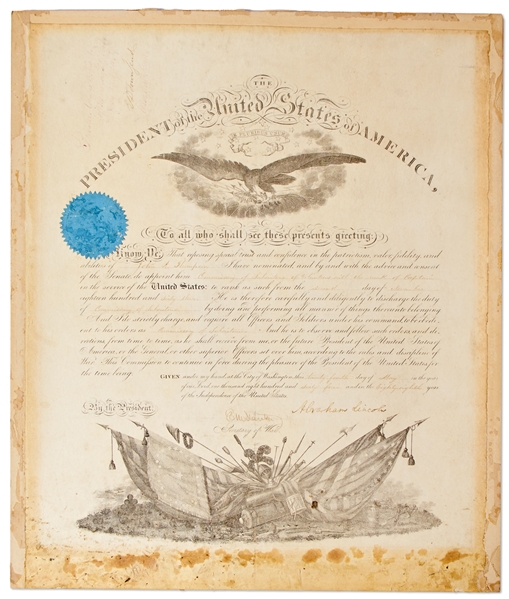 Abraham Lincoln Military Appointment Signed as President -- With Full ''Abraham Lincoln'' Signature