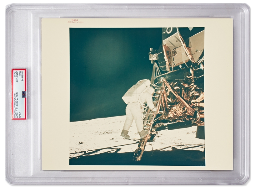 Apollo 11 ''Red Number'' 10'' x 8'' Photo of Buzz Aldrin Descending the Ladder Onto the Lunar Surface -- Printed on ''A Kodak Paper'' & Encapsulated by PSA as Type I Photo from 1969