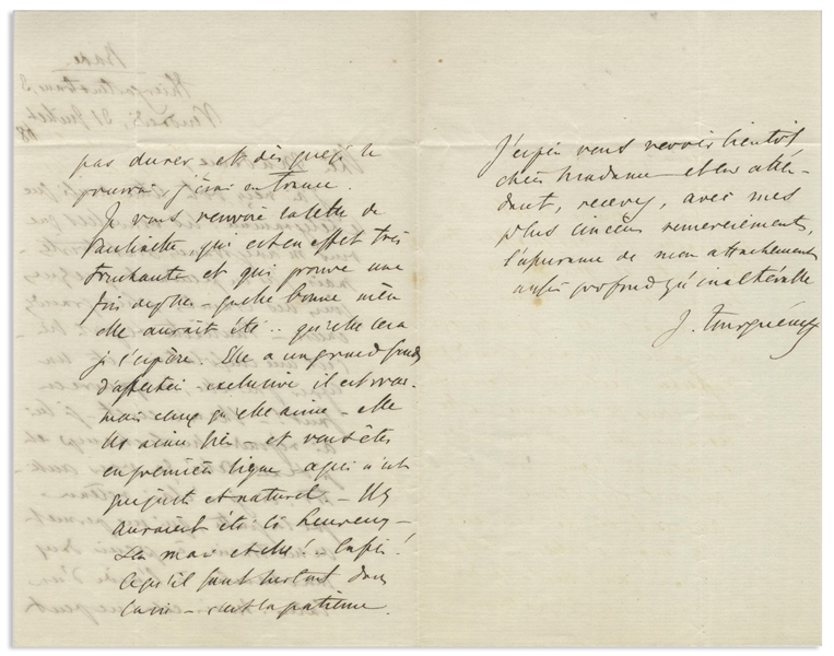 Russian Novelist Ivan Turgenev Autograph Letter Signed, Seeming to Allude to His Daughter's Miscarriage -- ''...What a good mother she would have been... and will be, I hope...''