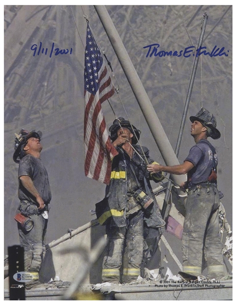 Photographer Thomas E. Franklin Signed 11'' x 14'' Photo of ''Raising the Flag at Ground Zero'' Dated 9/11/2001 -- With Beckett COA